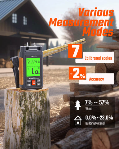 TopTes TS-630 in action on firewood showing steady moisture reading.