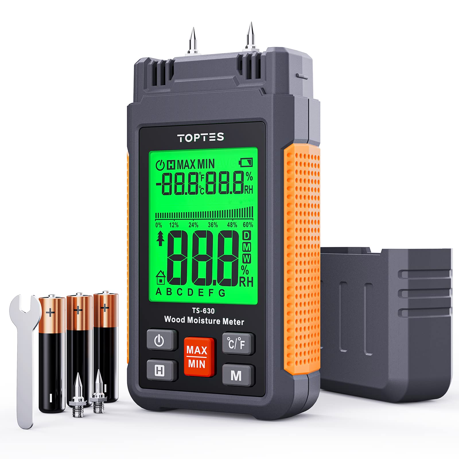 TopTes TS-630 wood moisture meter front view for quick, on-site moisture checks.