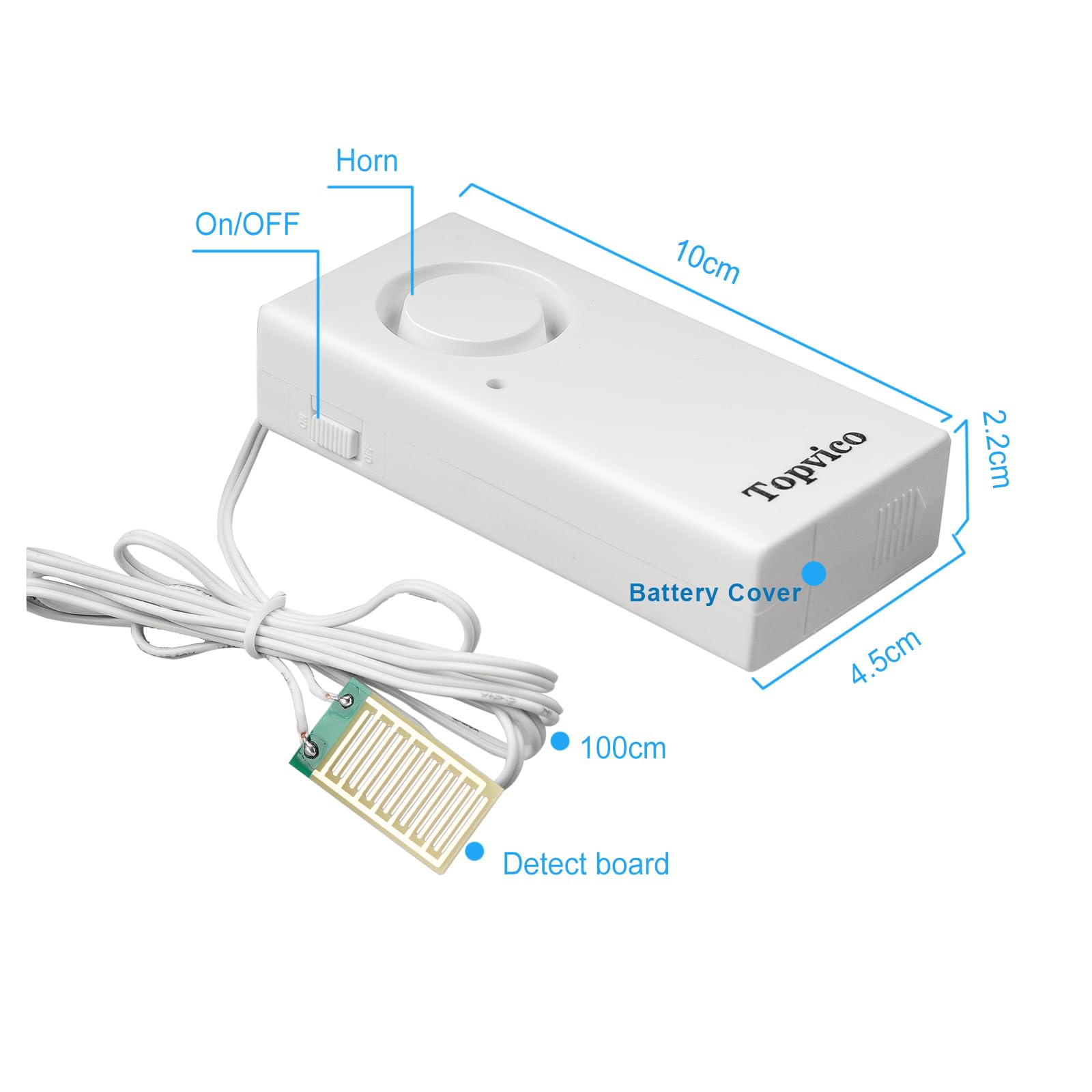 Topvico alarm with 37.8-inch cable reaches hard-to-reach areas.