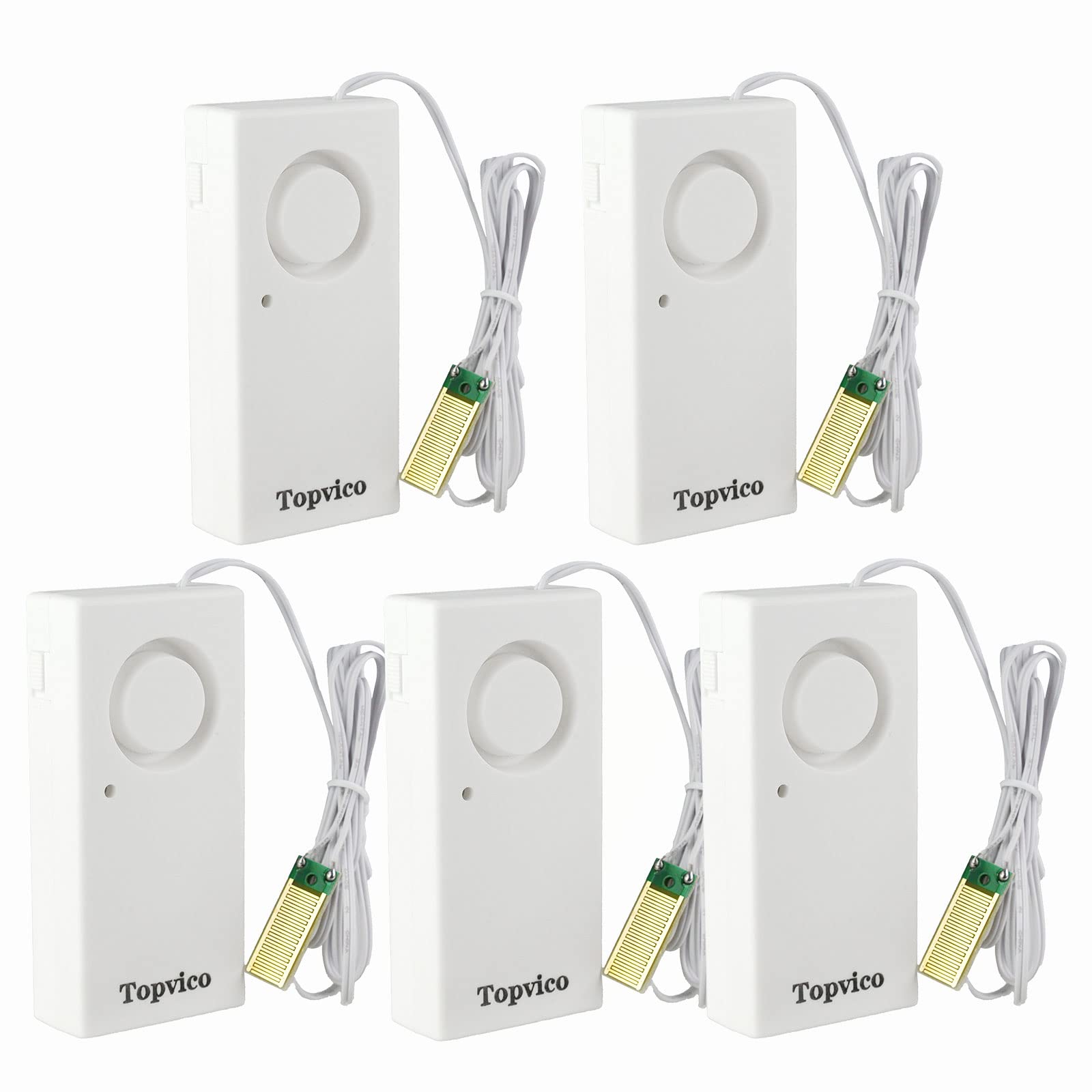 Topvico water-leak detector alarm shows a loud 120dB alert for rapid warnings.