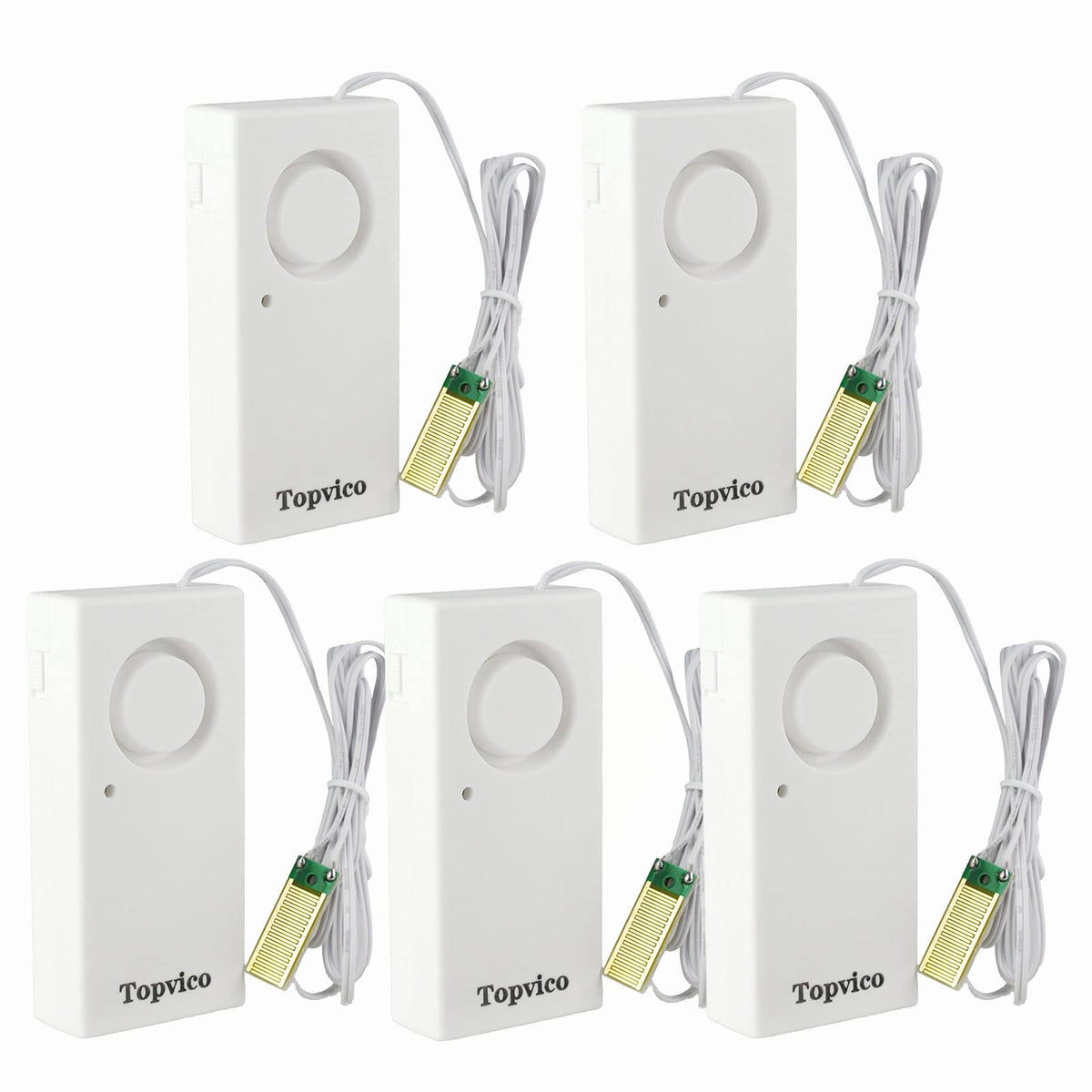 Topvico water-leak detector alarm shows a loud 120dB alert for rapid warnings.