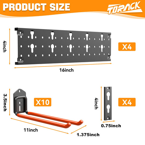 TORACK 11-inch double-prong hooks securely hold shovels and rakes