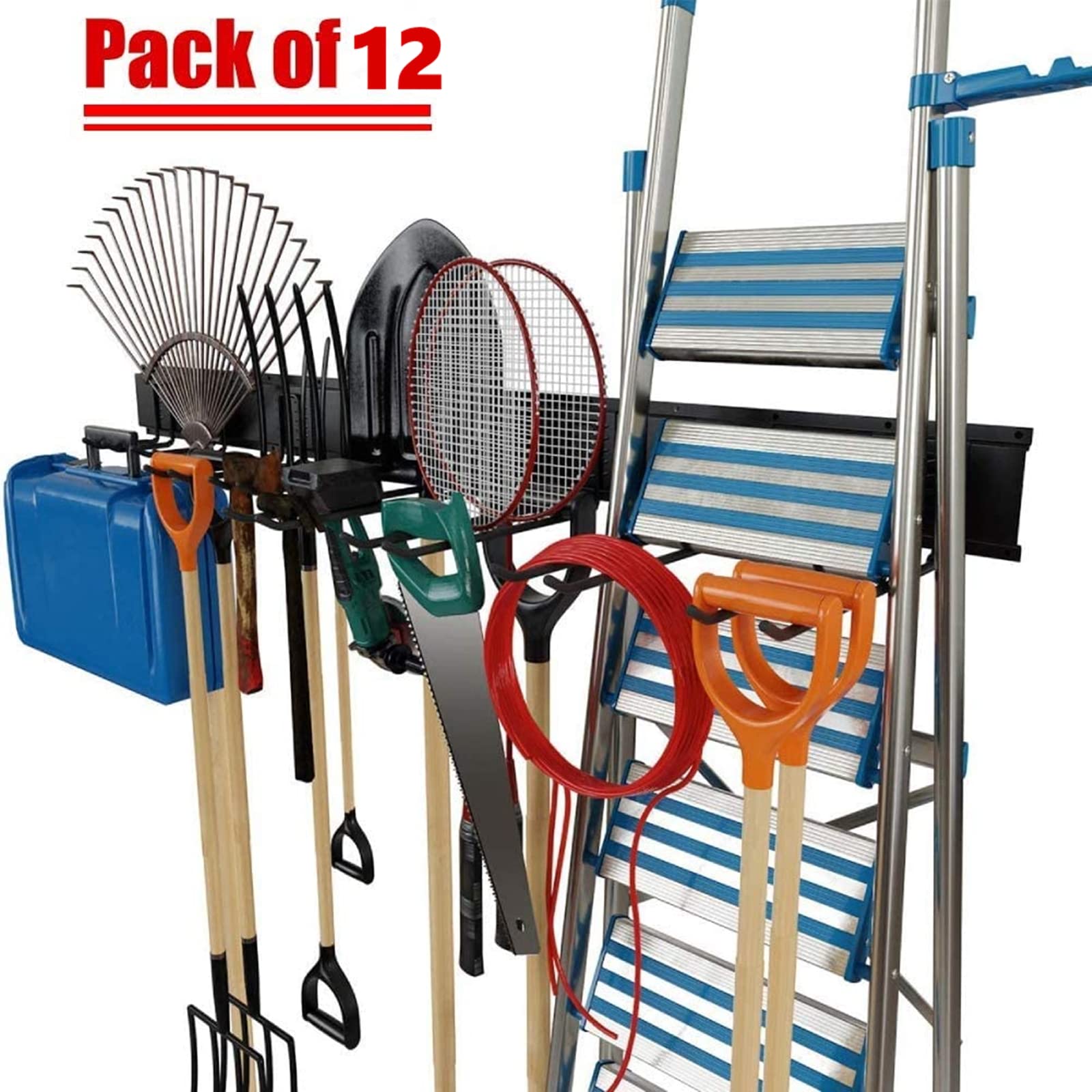 TORACK 8-pack hooks installed on rails offer flexible tool placement.