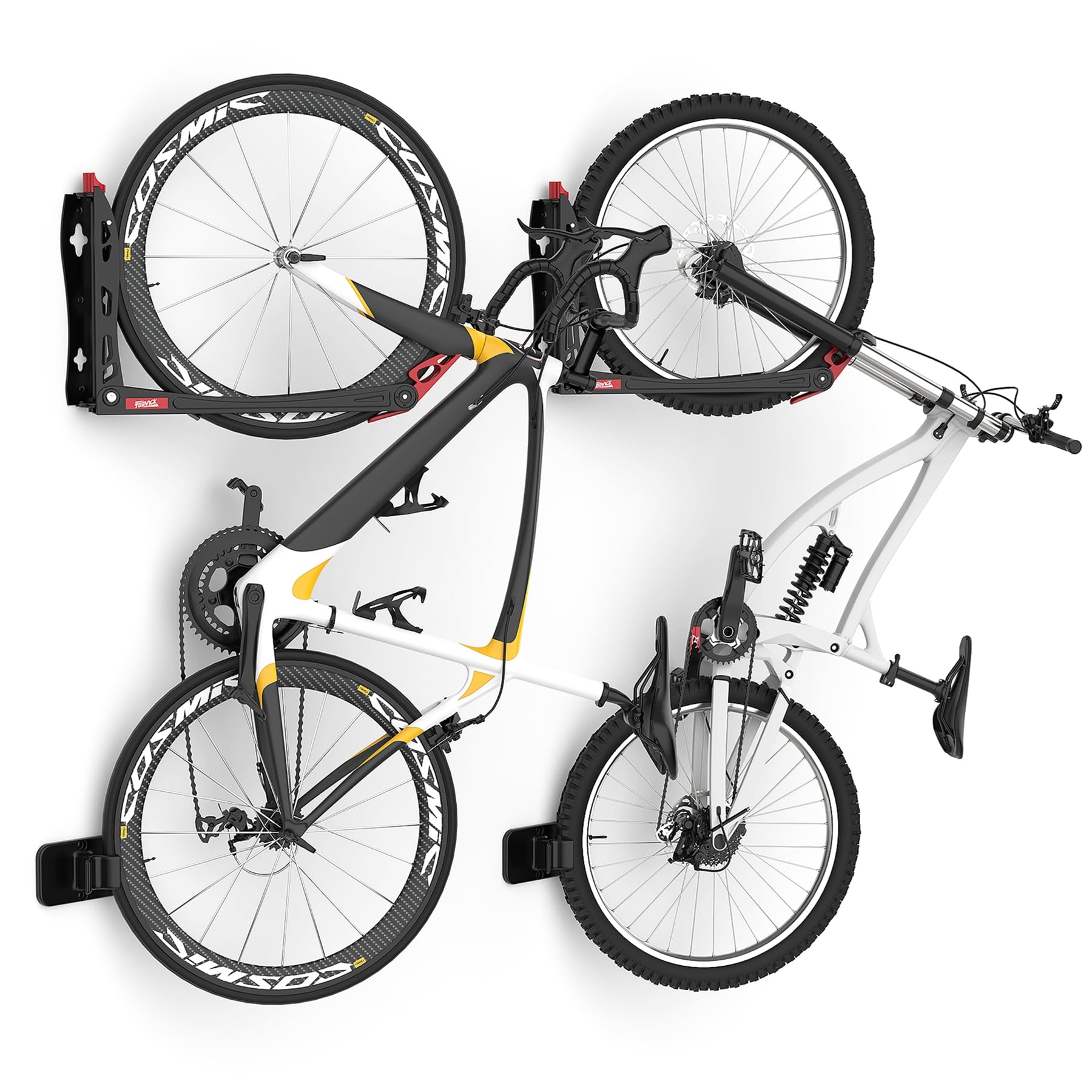 TORACK Bikepal vertical wall rack left view saves space in a cluttered garage.