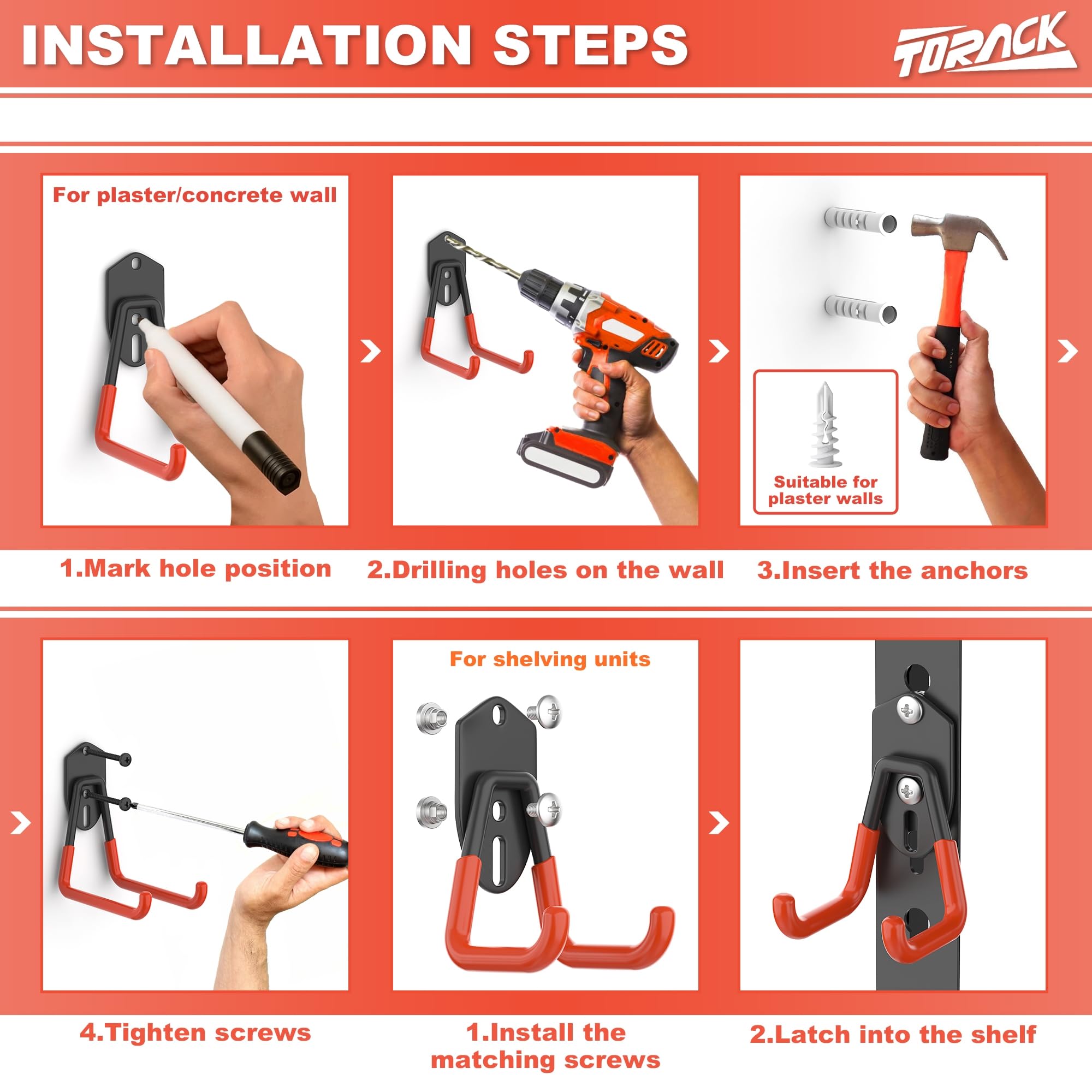 TORACK easy installation on studs or keyhole slots with simple screw-in mounting.