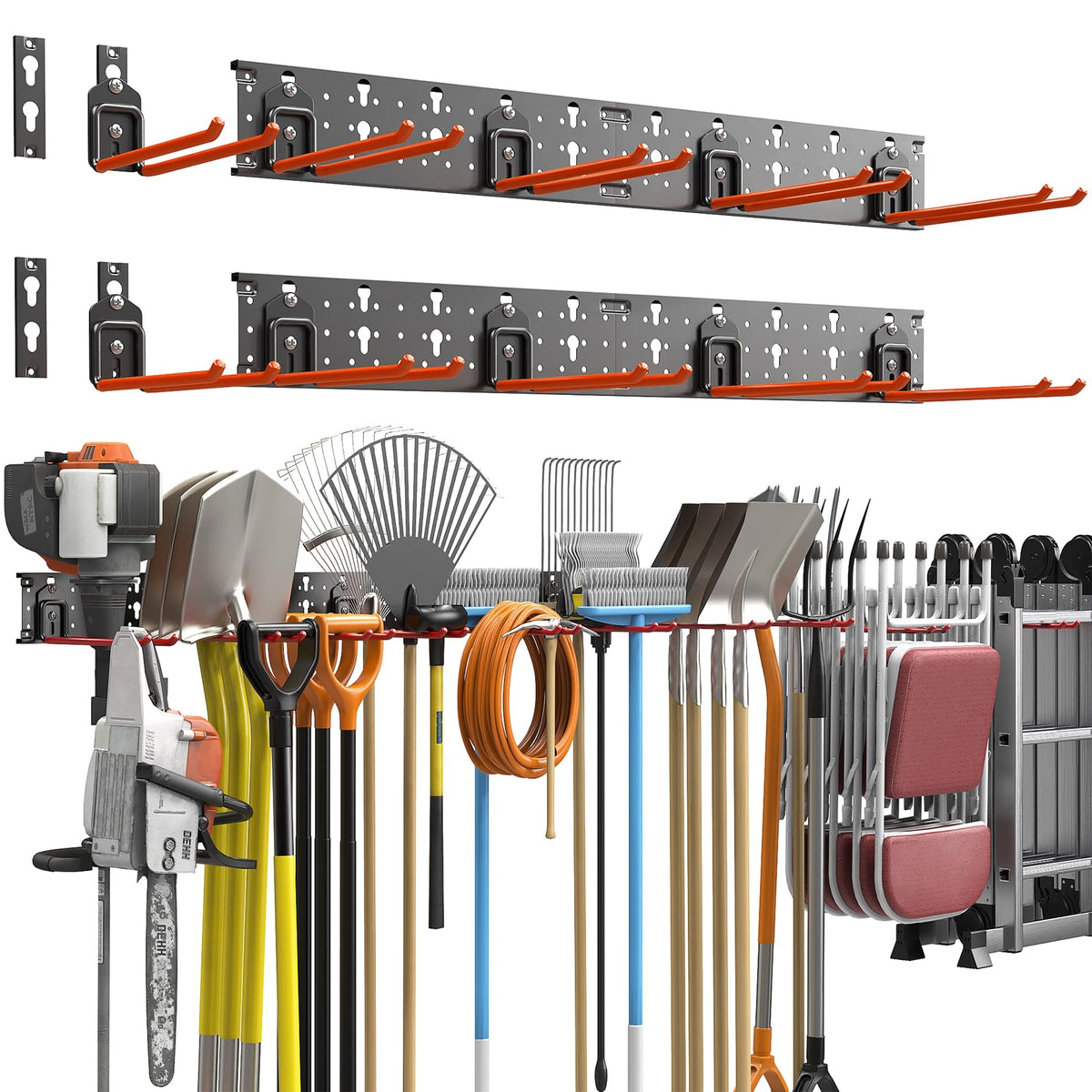 TORACK garden tool organizer mounted on wall keeps tools neatly organized and accessible