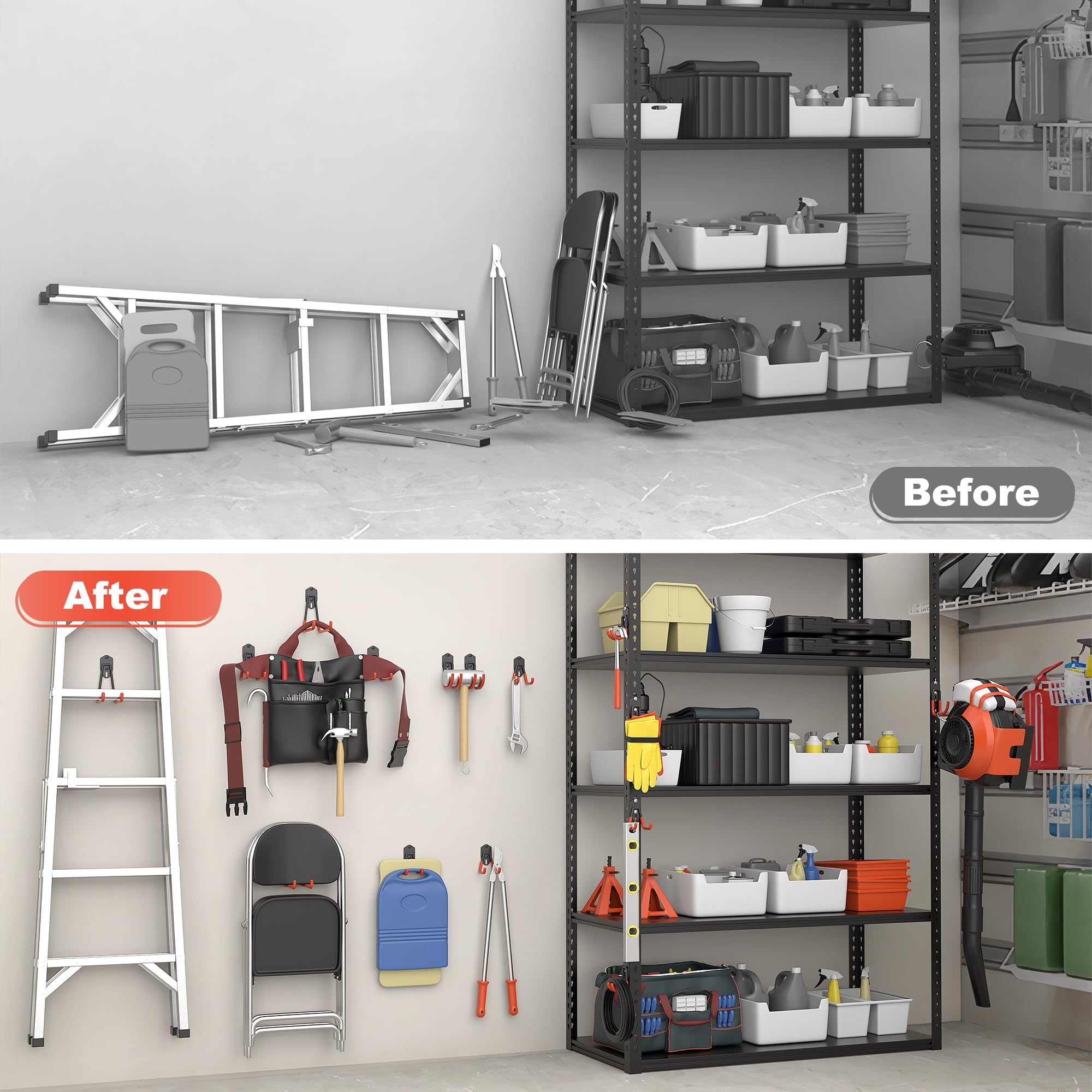 TORACK ladder and shovel hanging on hooks for quick access and tidy walls.