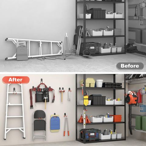 TORACK ladder and shovel hanging on hooks for quick access and tidy walls.