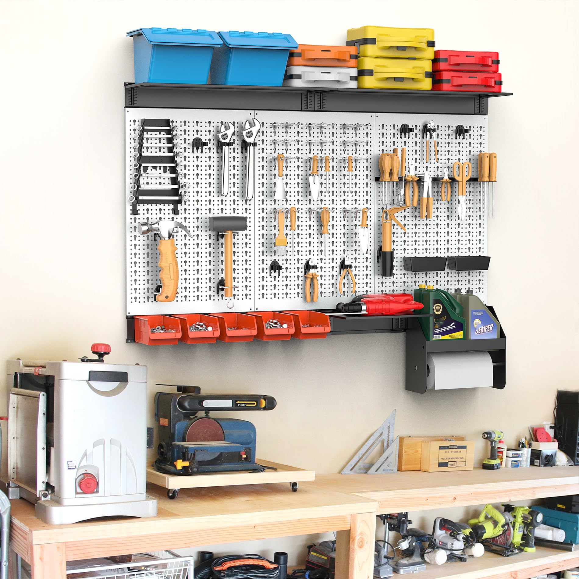 TORACK 48-inch heavy-duty overhead shelf supporting bulky gear.