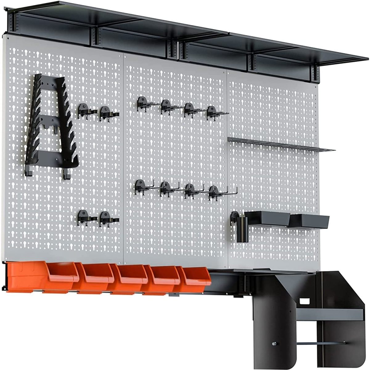 TORACK pegboard wall organizer in a bright, organized garage setup.