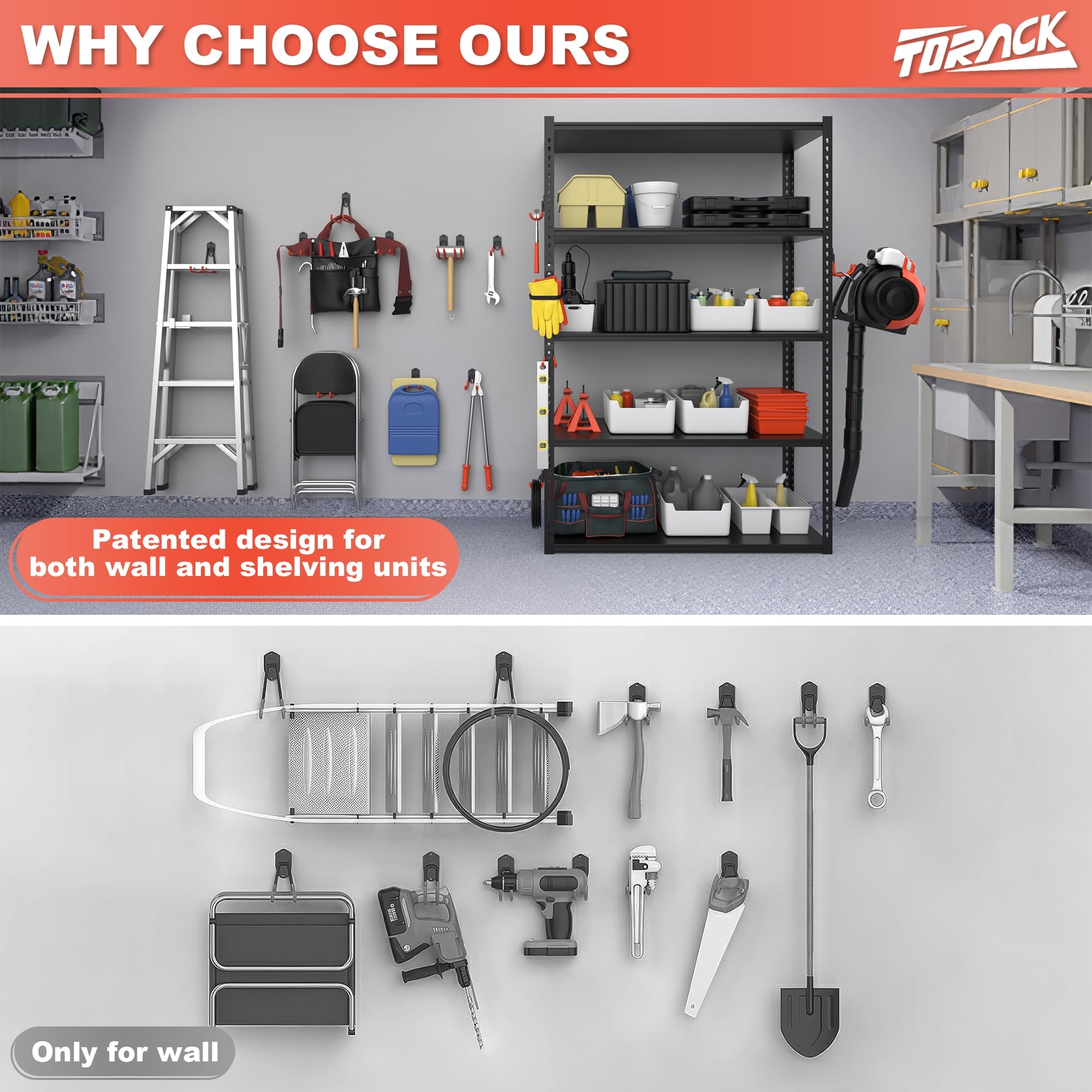 TORACK rubber-protected prongs close-up protect tools from scratches while hanging securely.