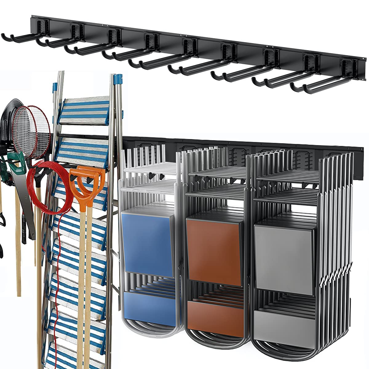 TORACK tool storage rack wall-mount close-up shows sturdy steel and easy snap-hook usability.