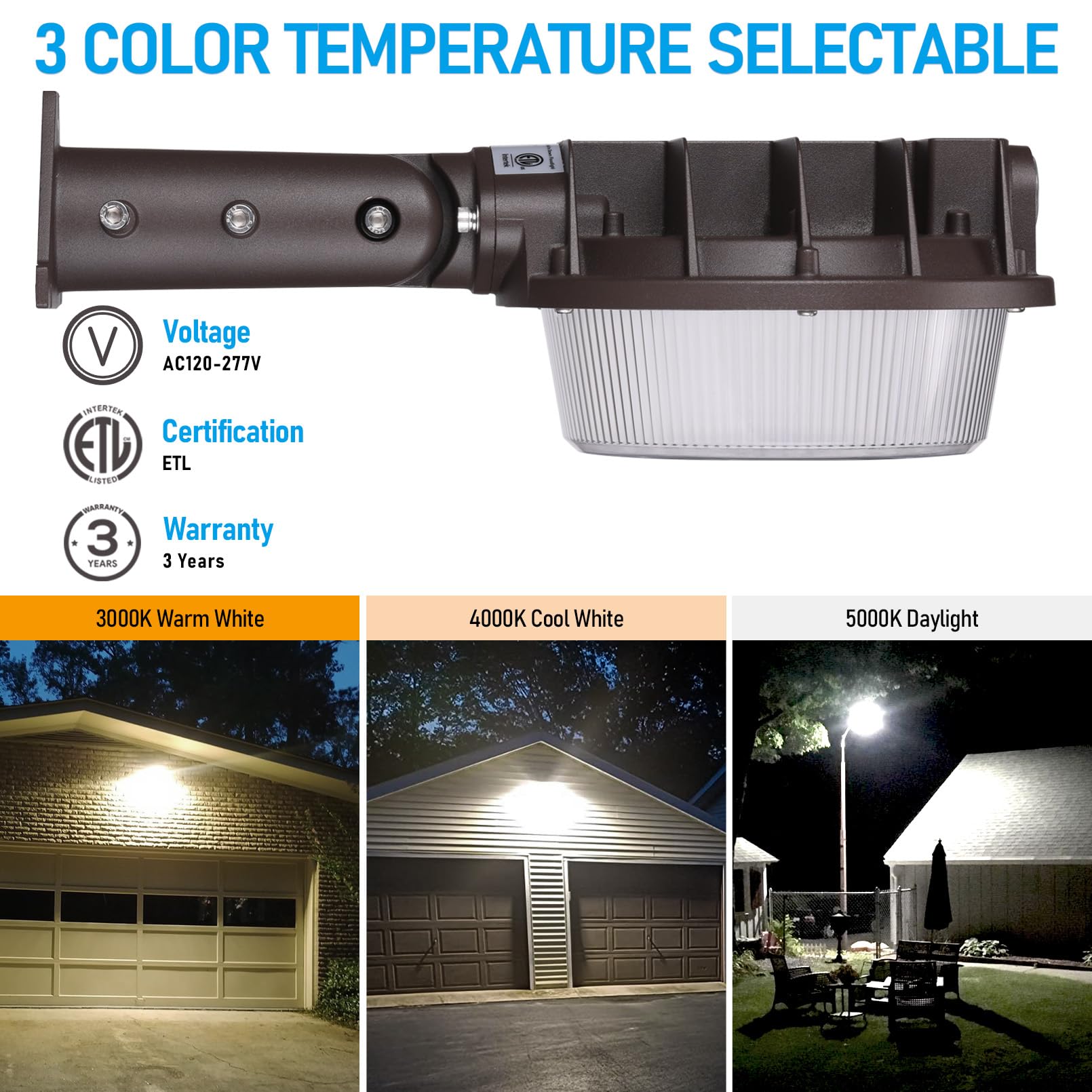 TORCHSTAR 3CCT LED barn light offers 3000K-5000K color temperatures for ambience.