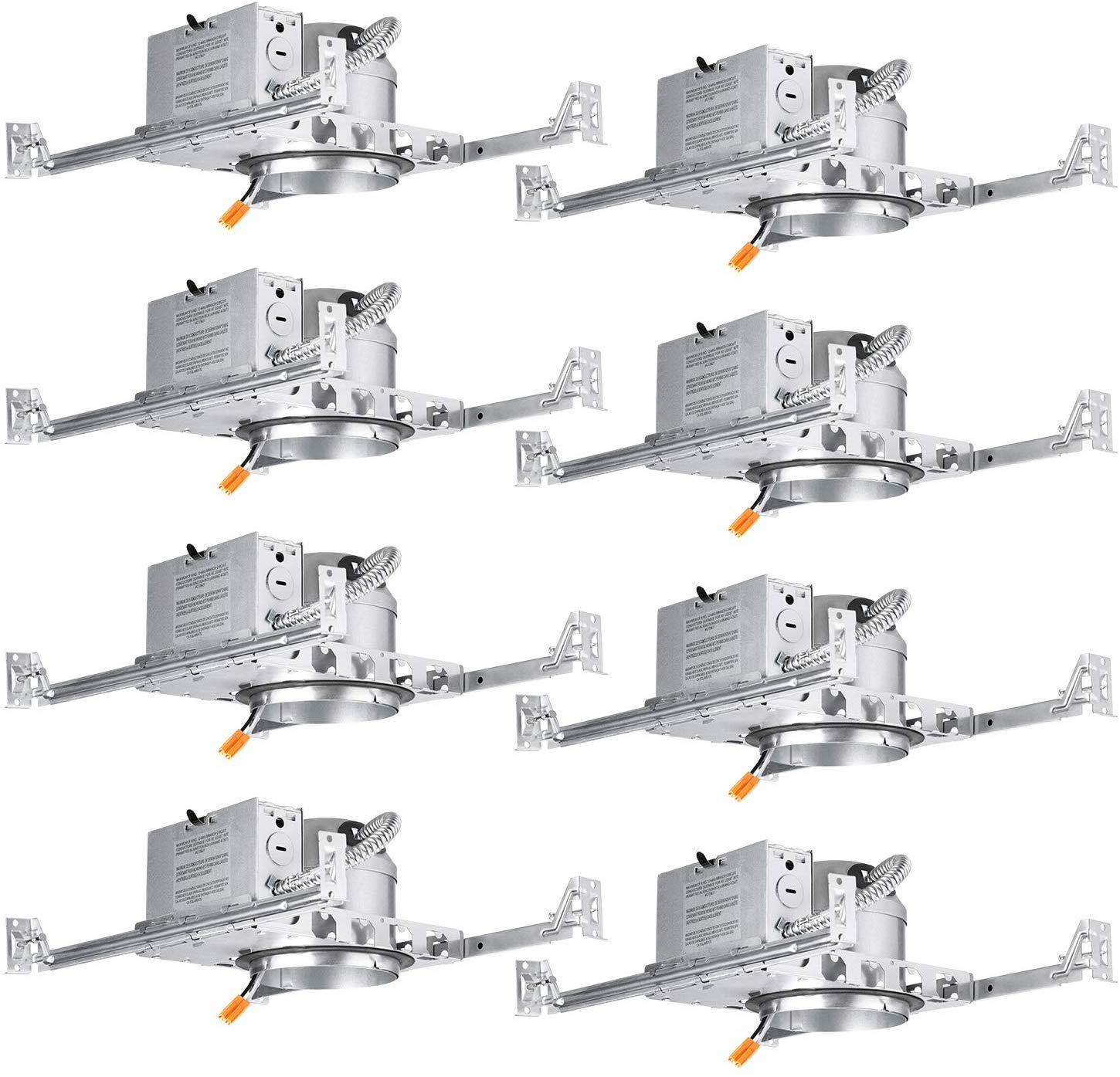 Torchstar 8-pack 4-inch recessed housing with J-box in ceiling installation.
