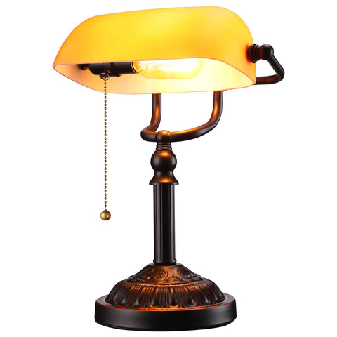 TORCHSTAR Bankers Desk Lamp with amber glass shade for glare-free task lighting.