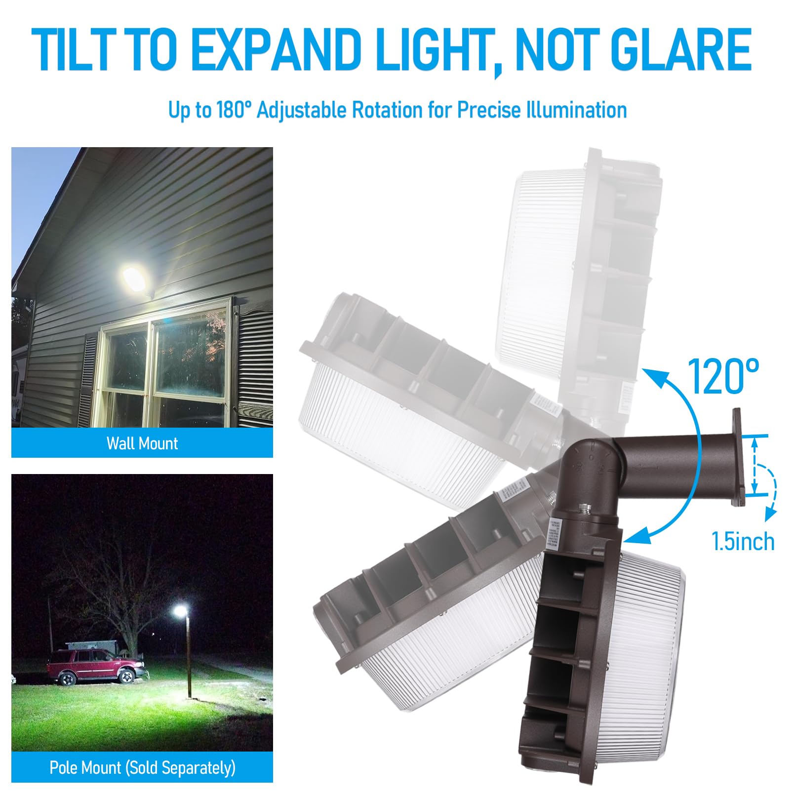 TORCHSTAR barn light head tilts 120 degrees for precise aiming.