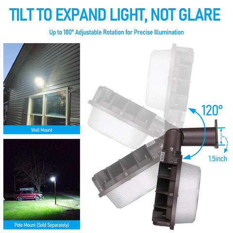 TORCHSTAR barn light head tilts 120 degrees for precise aiming.