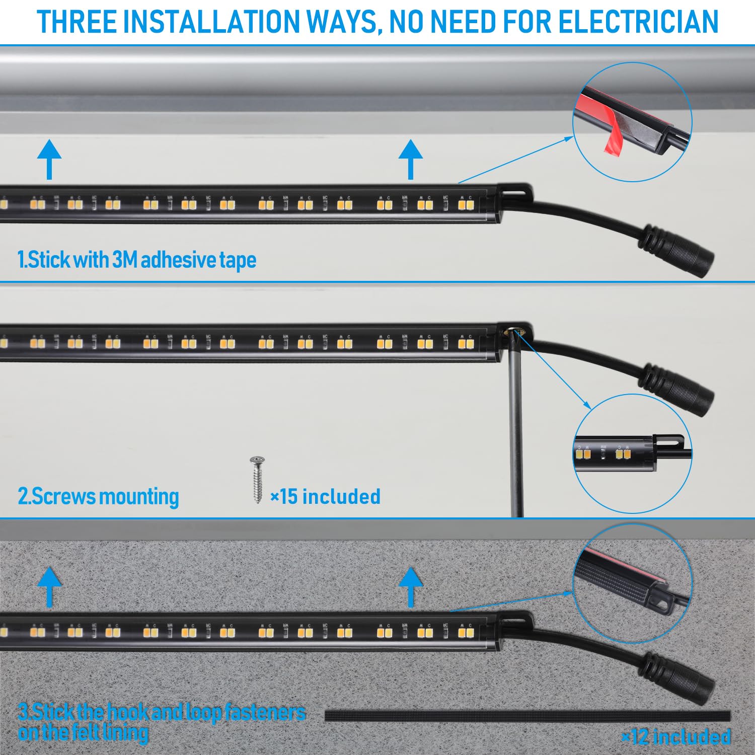 TORCHSTAR installation options with screws, tape, and Velcro for flexibility.