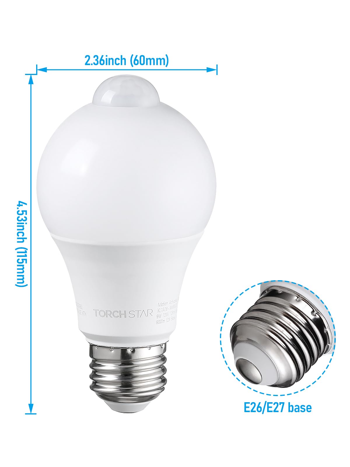 TORCHSTAR LED motion sensor light bulb 2-pack packaging and warranty info.