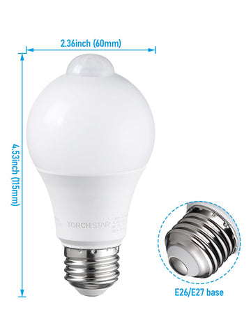 TORCHSTAR LED motion sensor light bulb 2-pack packaging and warranty info.