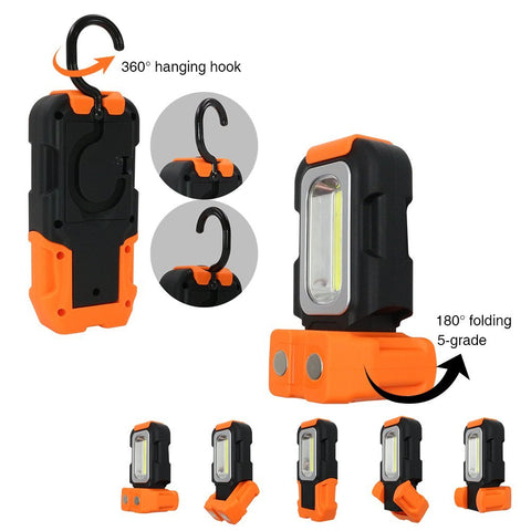TORCHSTAR work light with hanging hook and magnet back for hands-free mounting.