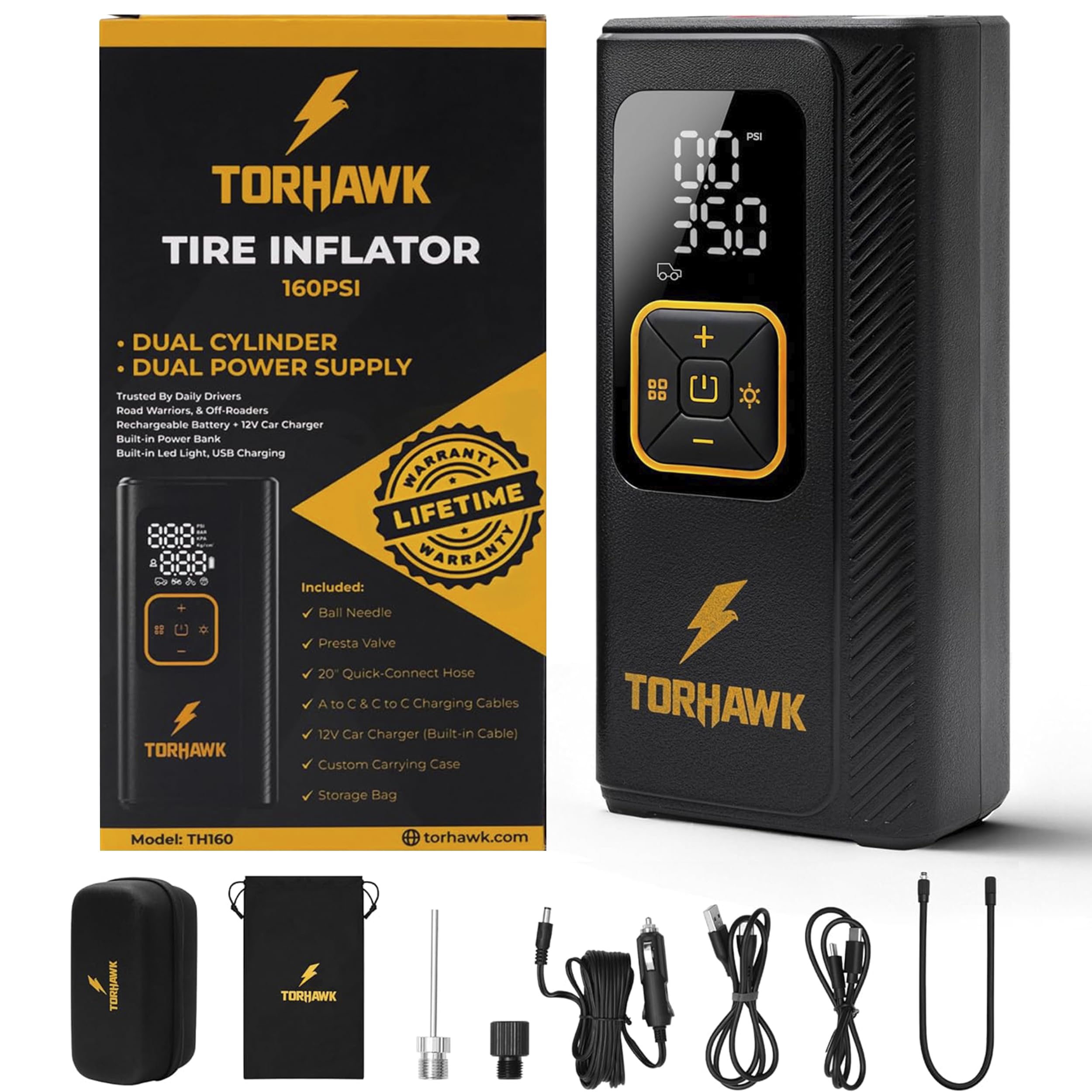 TORHAWK dual power tire inflator with digital gauge for quick, reliable inflation.