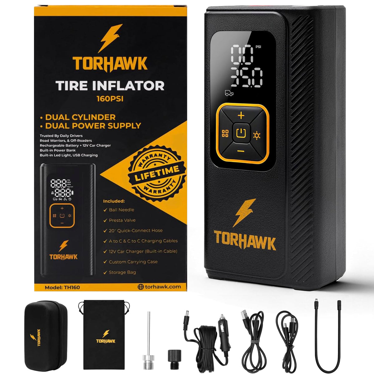 TORHAWK dual power tire inflator with digital gauge for quick, reliable inflation.