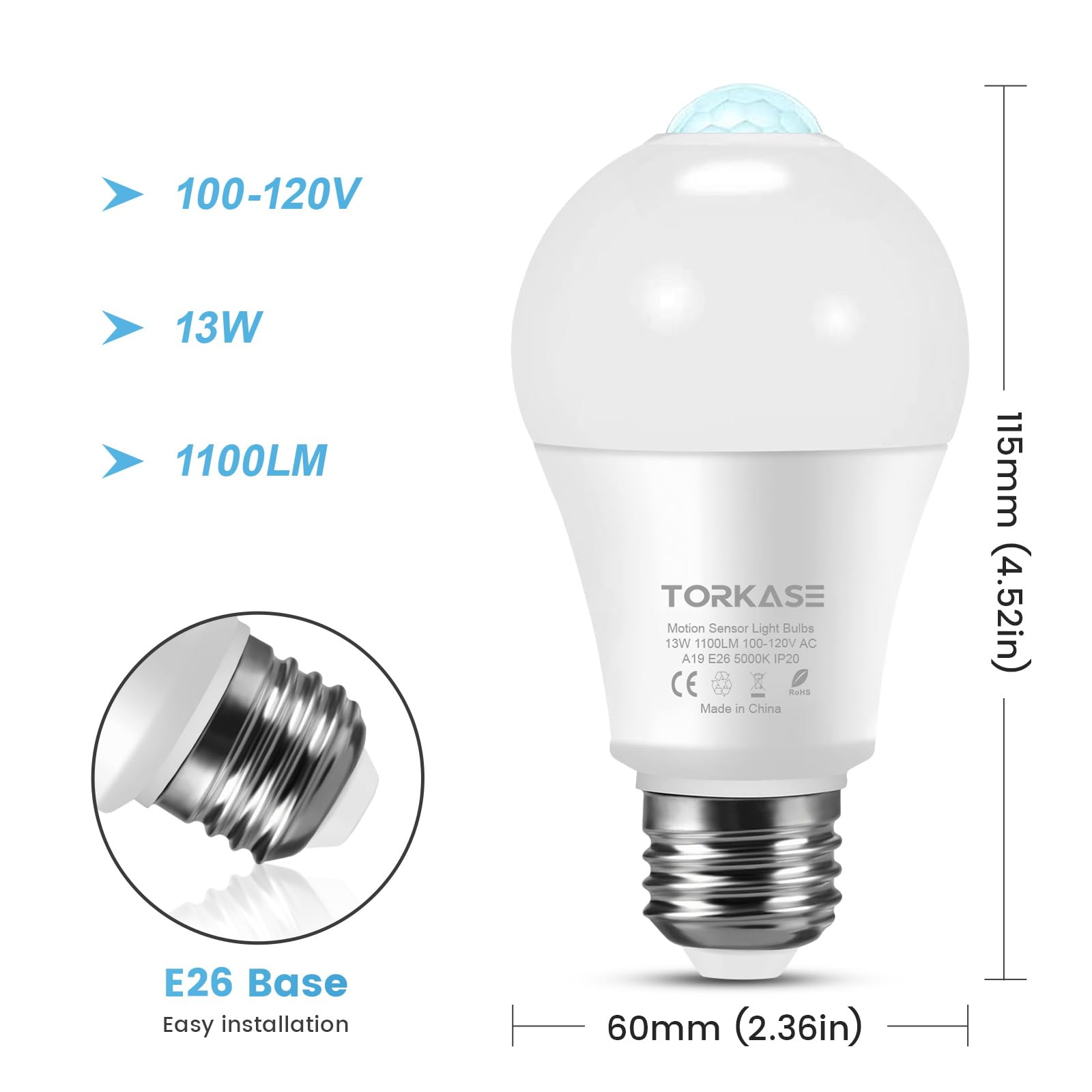 Torkase 13W motion-sensor bulb suitable for bathroom tasks with hands-free lighting