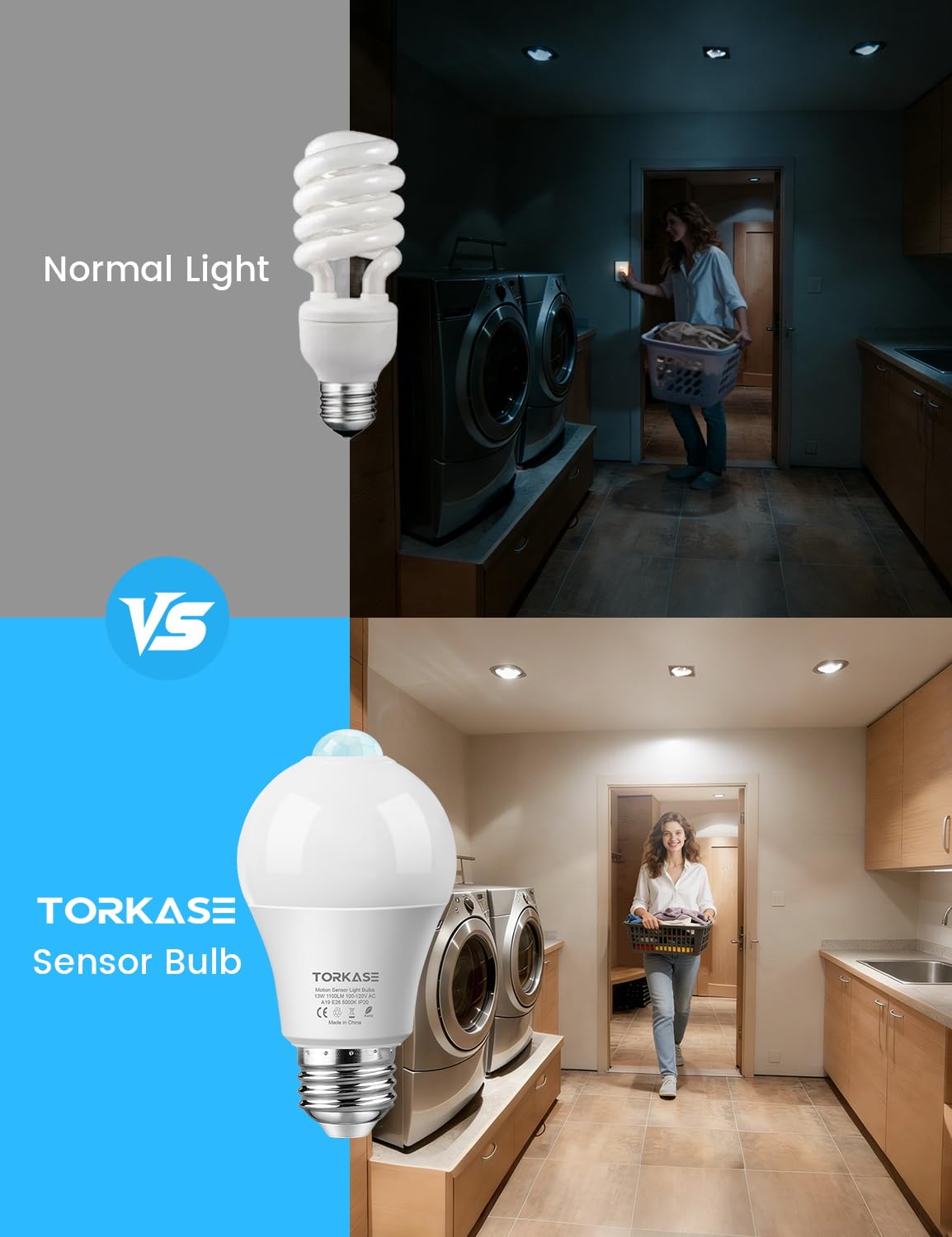 Torkase motion-sensor LED bulb in garage improves visibility near doors after dark