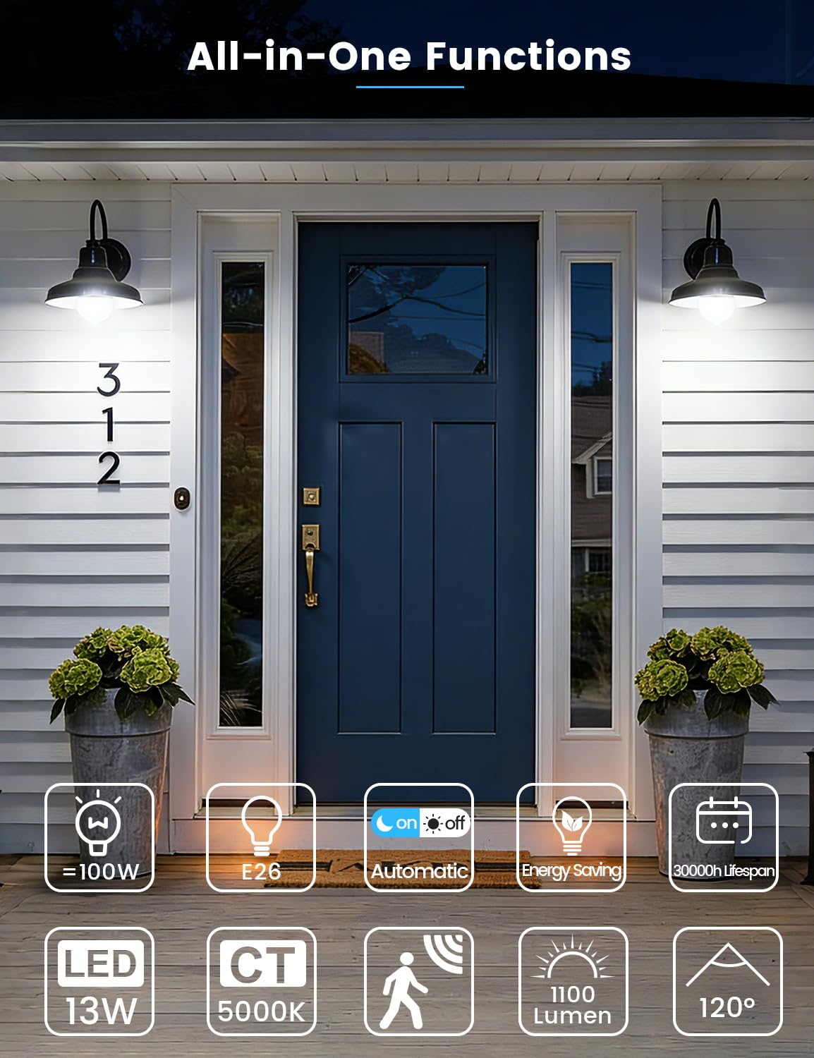 Torkase outdoor-entry dusk-to-dawn lighting enhances curb appeal and safety