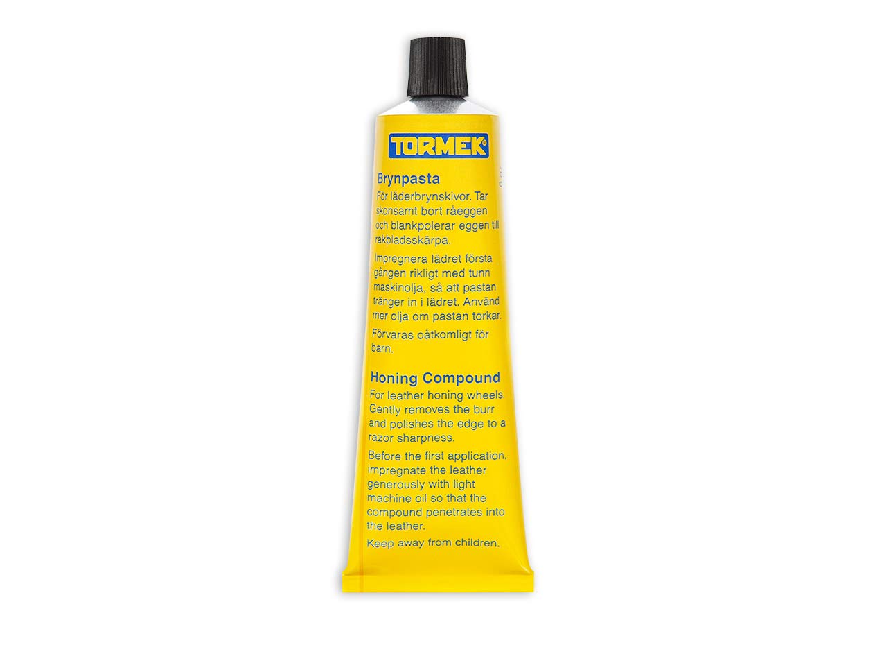 Tormek PA70 honing compound tube on leather strop for burr removal and edge polishing