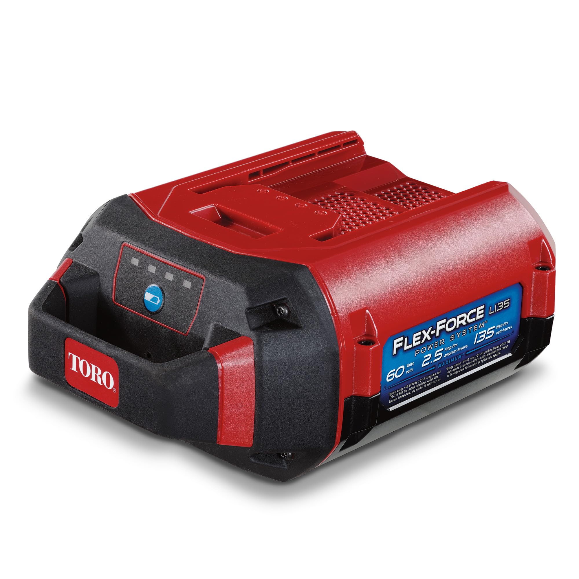 Toro Flex-Force battery front view showing 60-volt power and compact design.