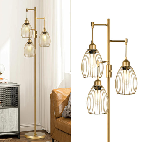Torondo dimmable floor lamp with teardrop cage heads for versatile lighting.