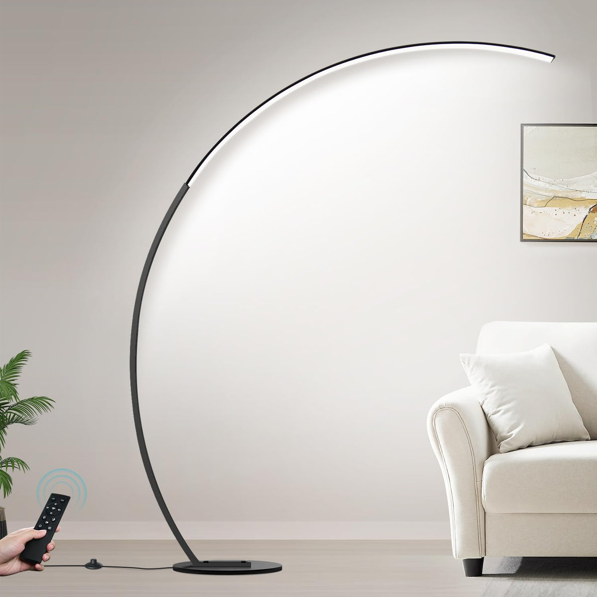 Torondo dimmable LED lamp arc design silhouette for a sleek living room look.