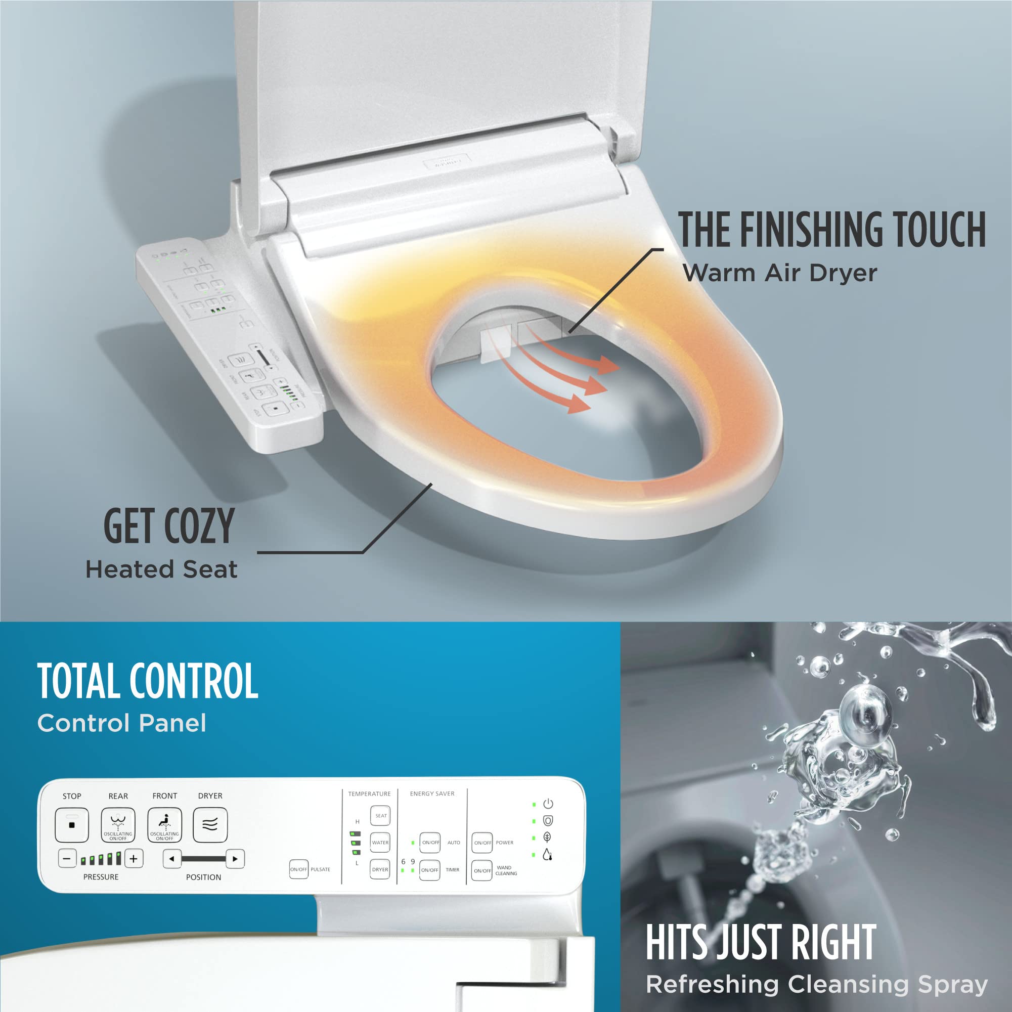 TOTO WASHLET KC2 control panel showing adjustable water temperature and pressure.