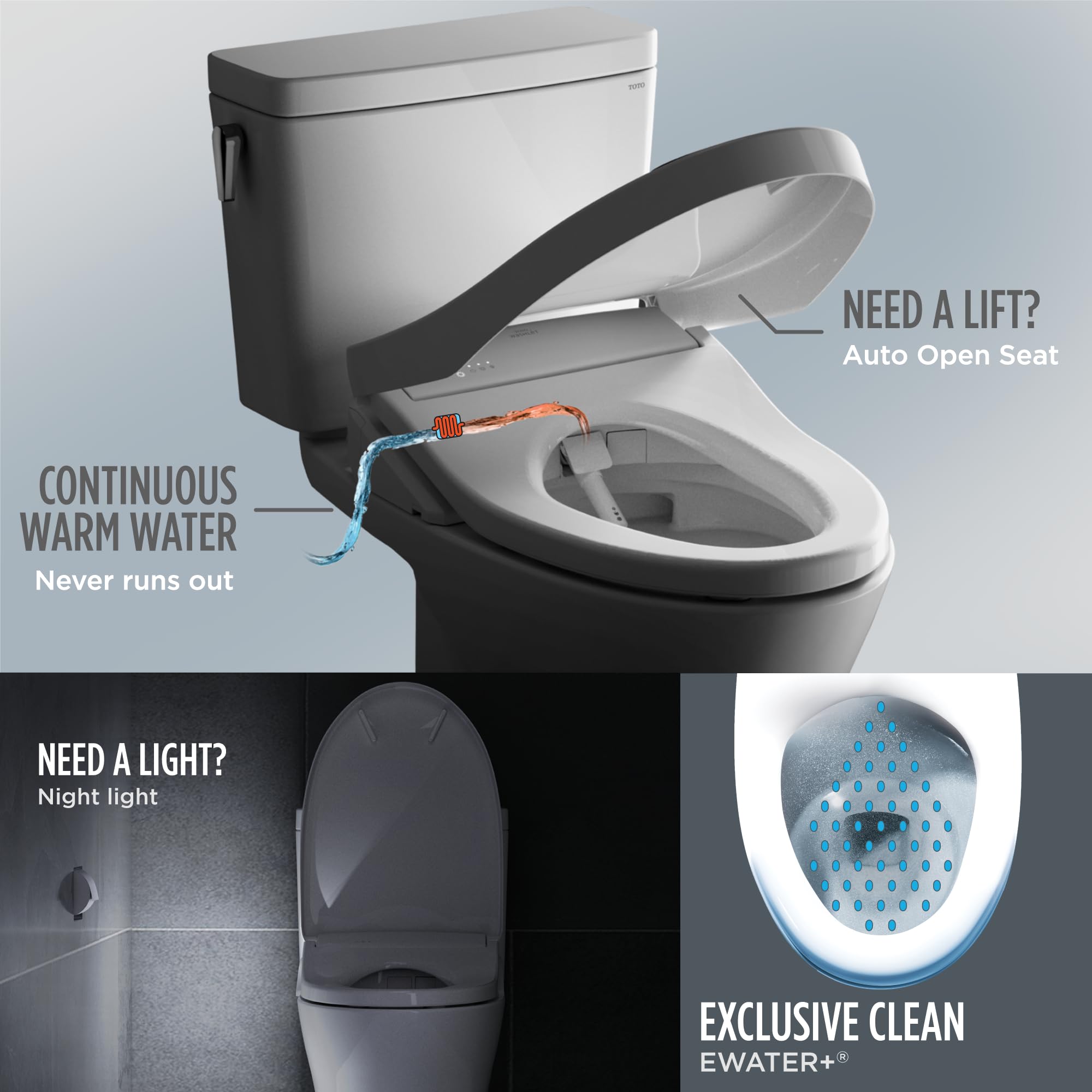 TOTO WASHLET+ S7A lid auto-open close demonstrates hands-free convenience.