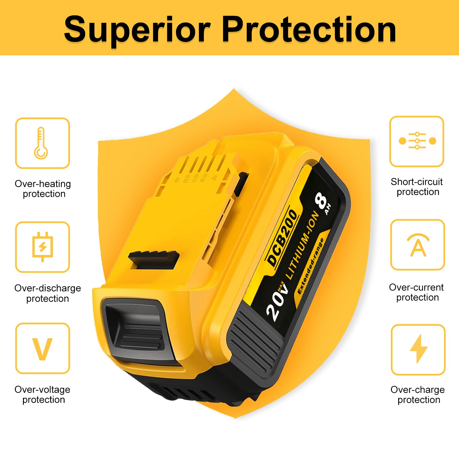 Totoplus 8Ah battery label for Dewalt DCB204, clear specifications at a glance.