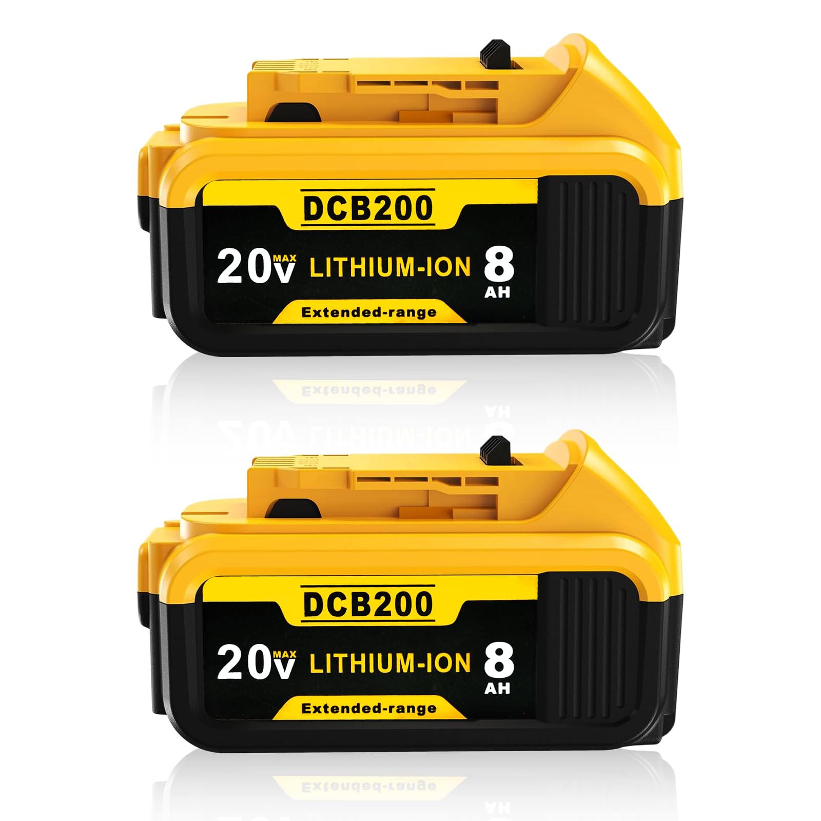 Totoplus 8Ah battery for Dewalt DCB206, front view highlighting durable build and capacity.