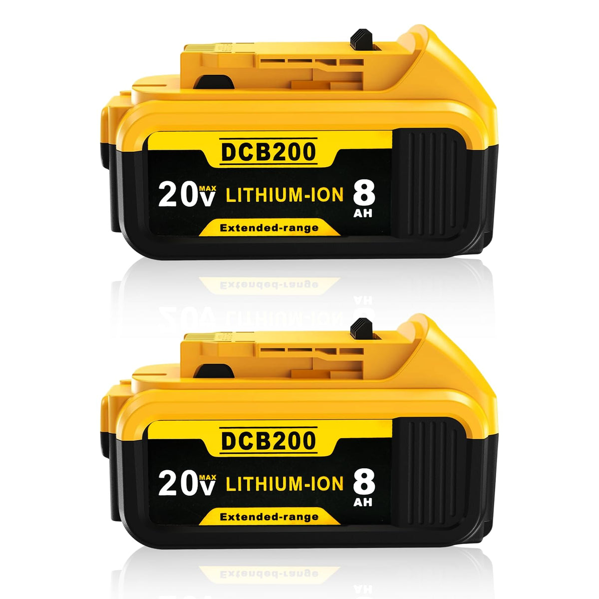 Totoplus 8Ah battery for Dewalt DCB206, front view highlighting durable build and capacity.