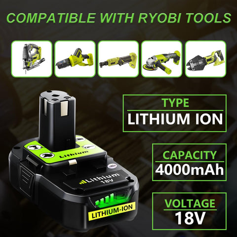 Totoplus Ryobi 18V 4Ah battery with LED indicator highlighting remaining power.
