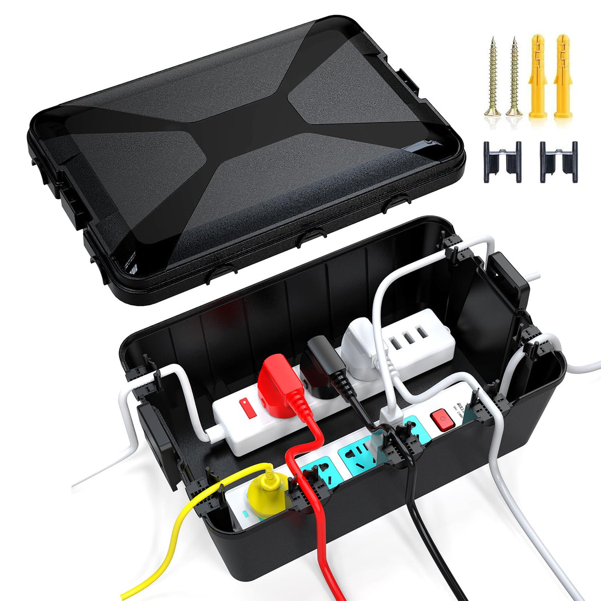 TOTUFY outdoor box front view shows organized cables outdoors.
