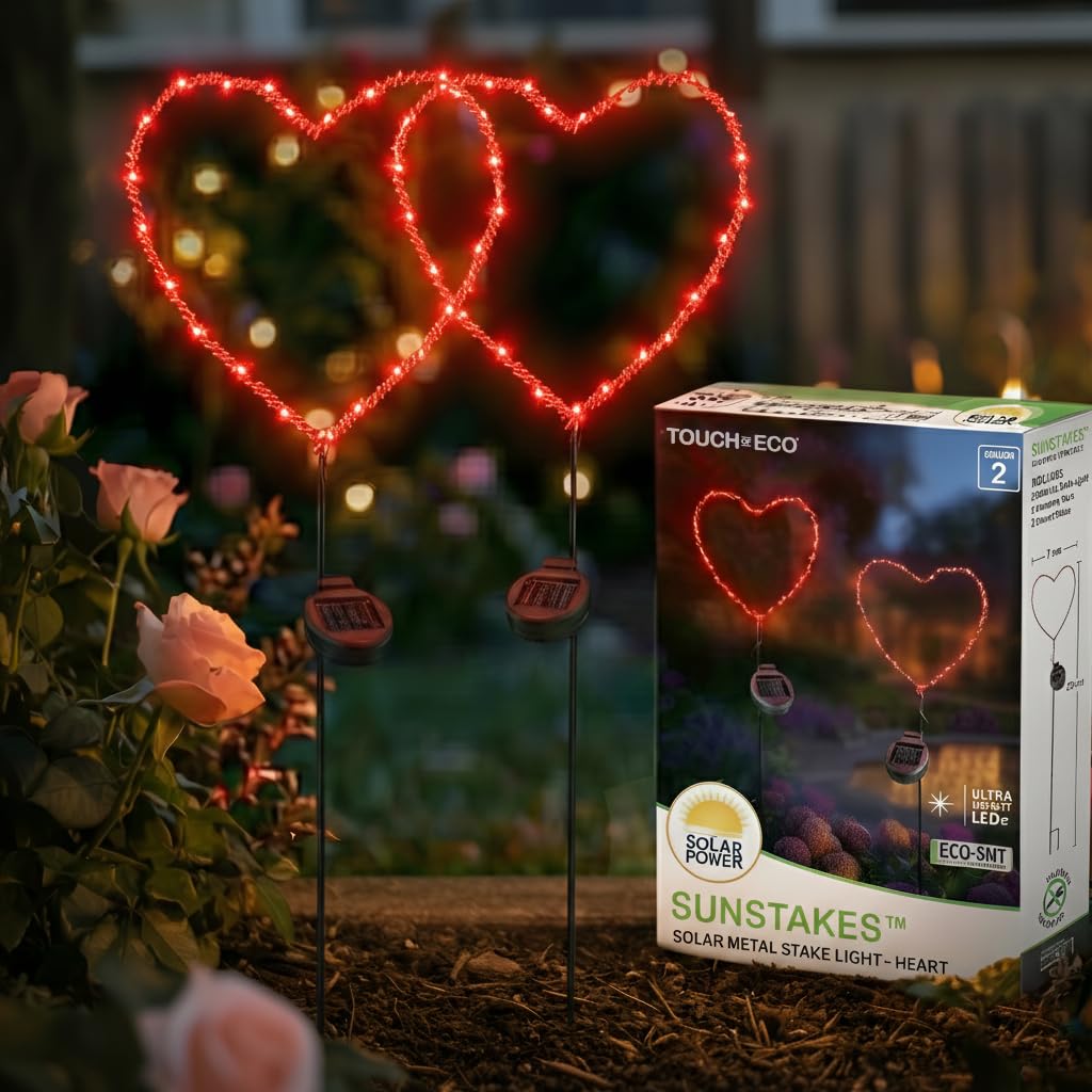 Touch Of ECO solar neon red heart stake light for romantic garden ambiance after dark.