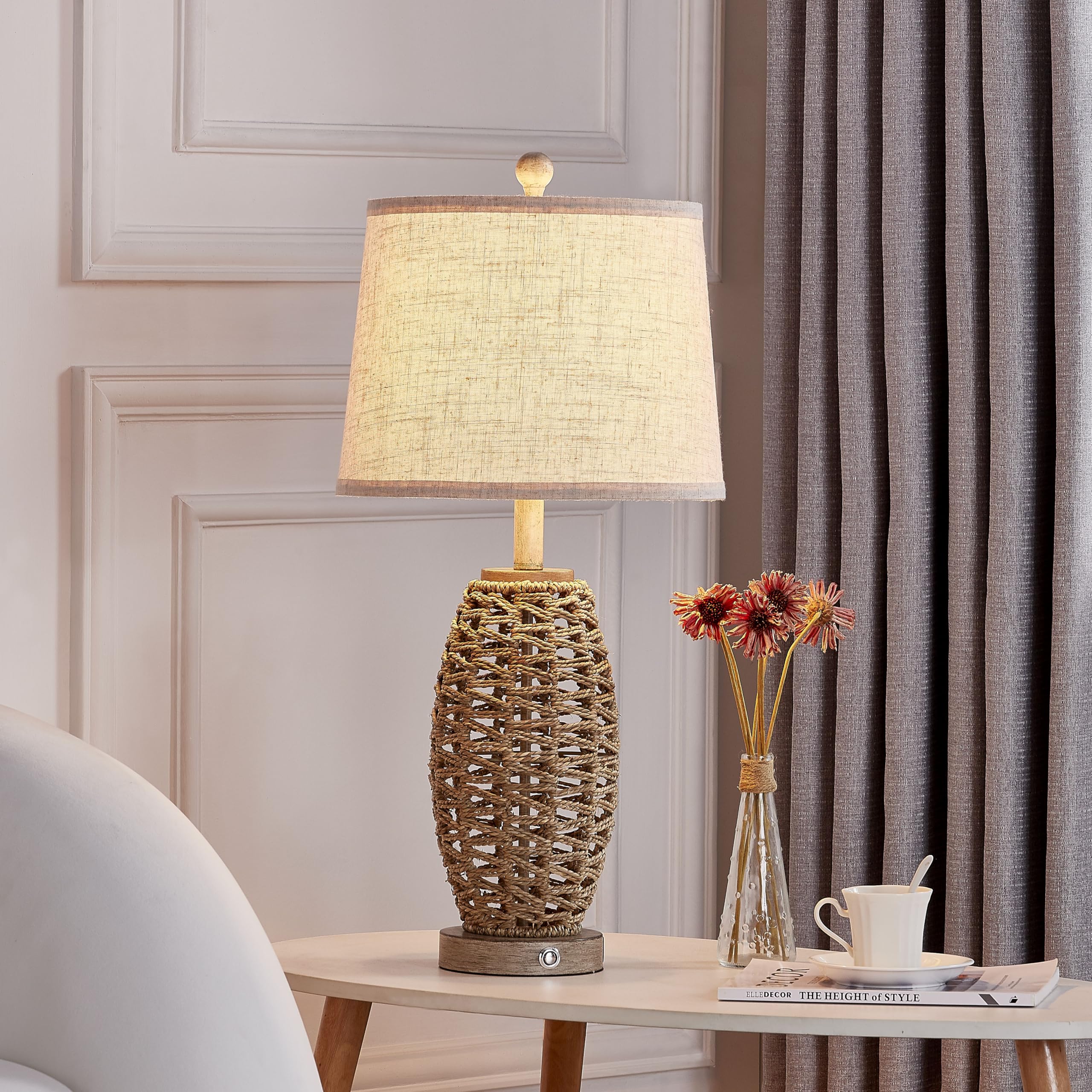 Natural rattan table lamps set 2 with 3-way dimmable touch control for adjustable mood