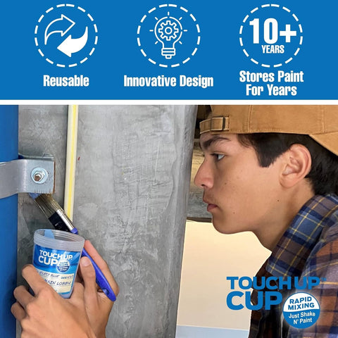 Clear labeled Touch Up Cup containers help quick color identification.