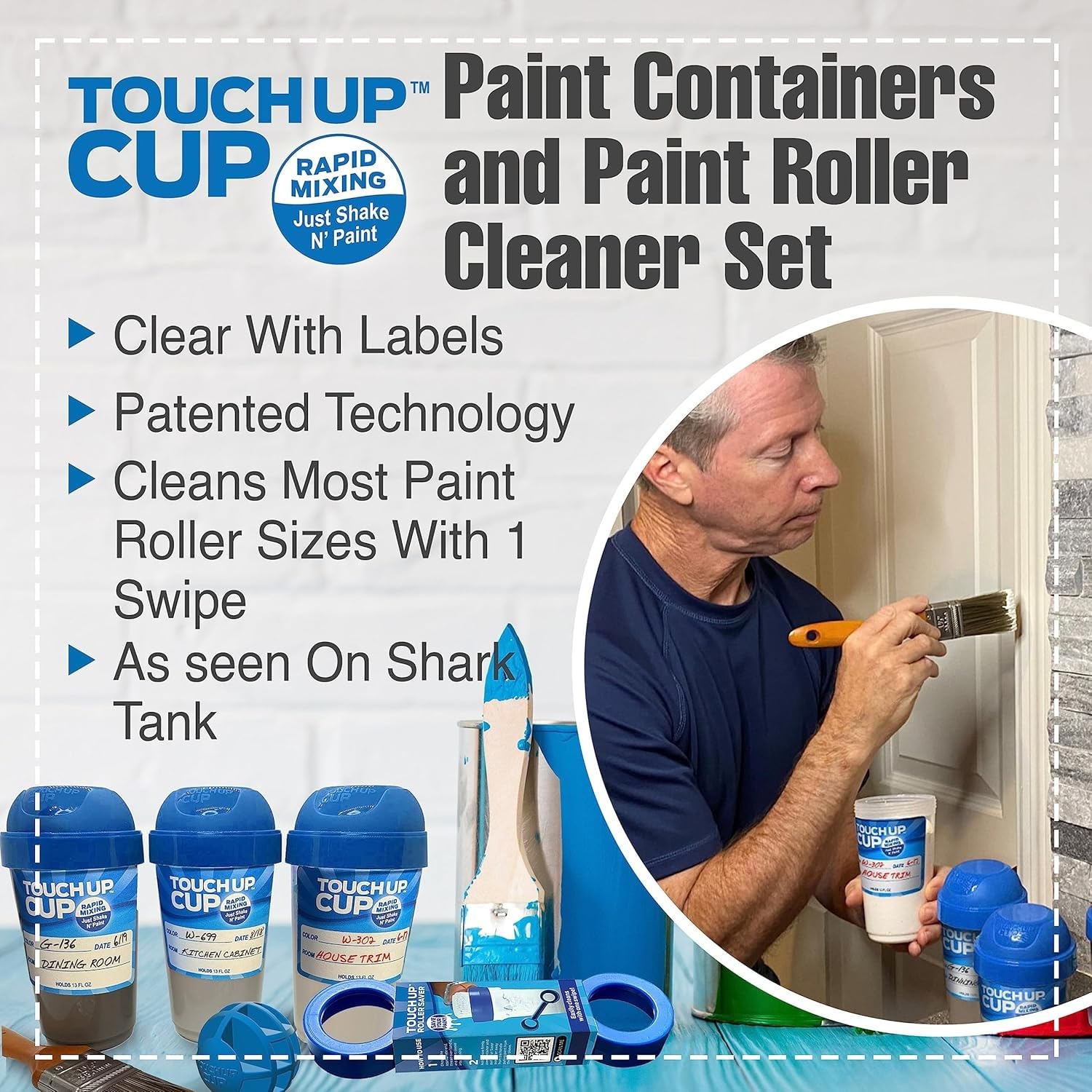 Touch Up Cup containers with lids shown for spill-free transport.