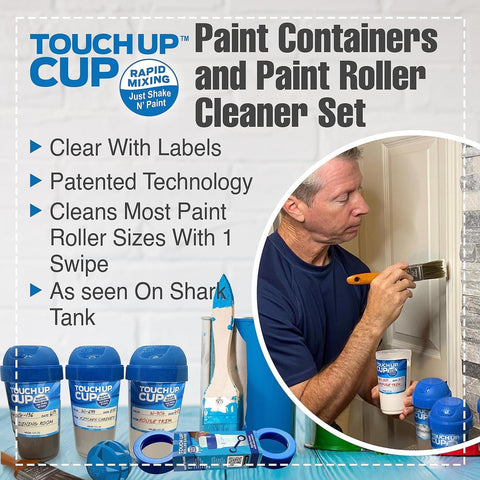 Touch Up Cup containers with lids shown for spill-free transport.