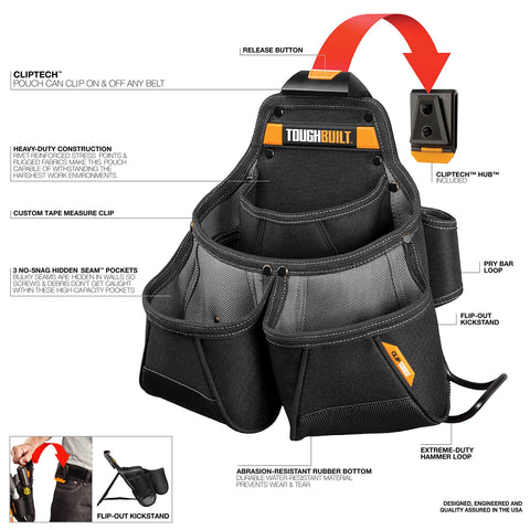 ToughBuilt ClipTech hub worn on belt for organized tool retrieval during framing