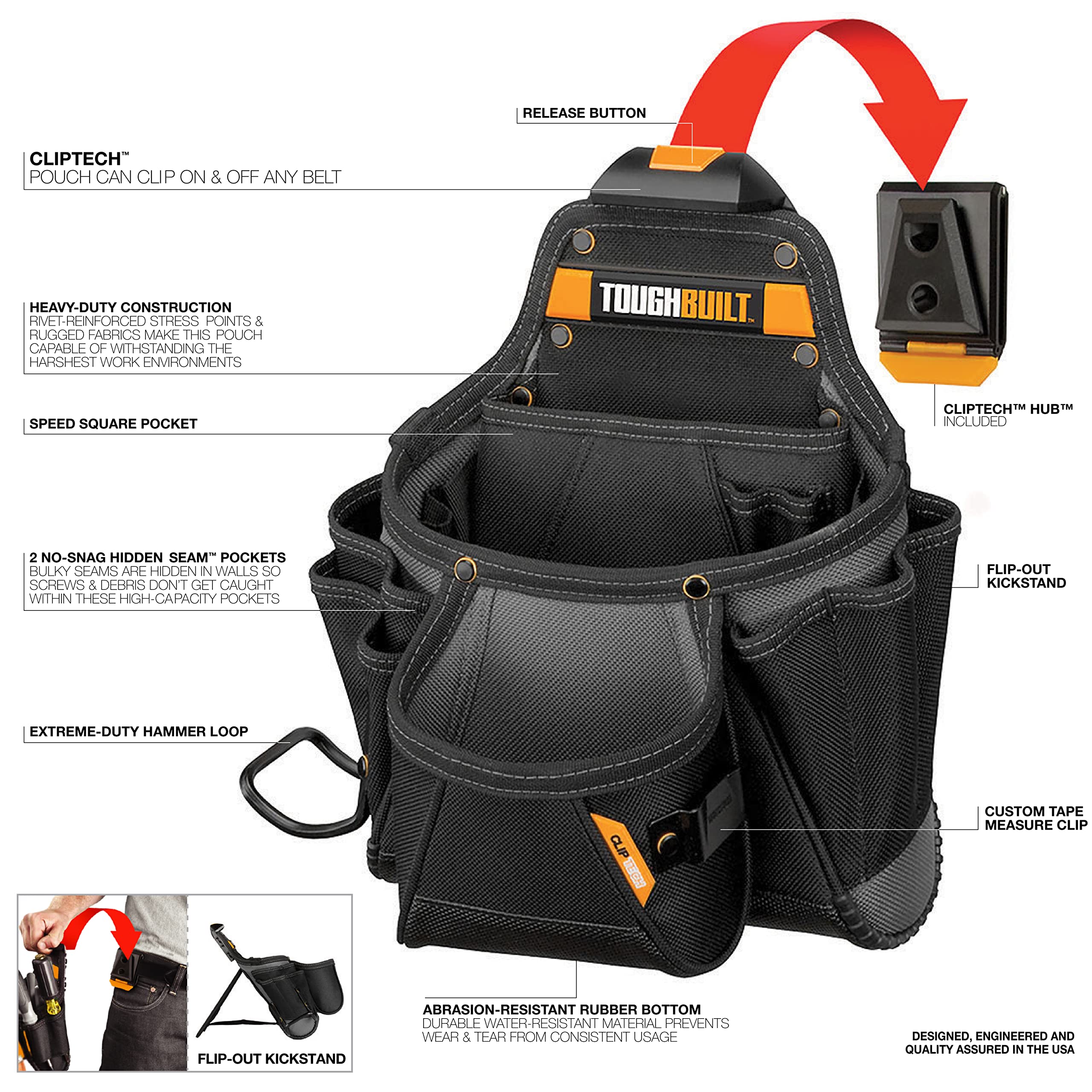 ToughBuilt Cliptech pouch back with clip system demonstrates easy tool access on the job.