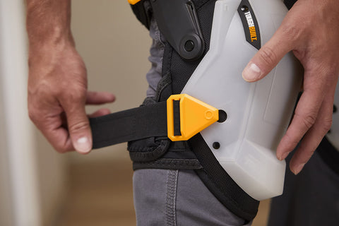 ToughBuilt knee pads with adjustable straps secured for long days