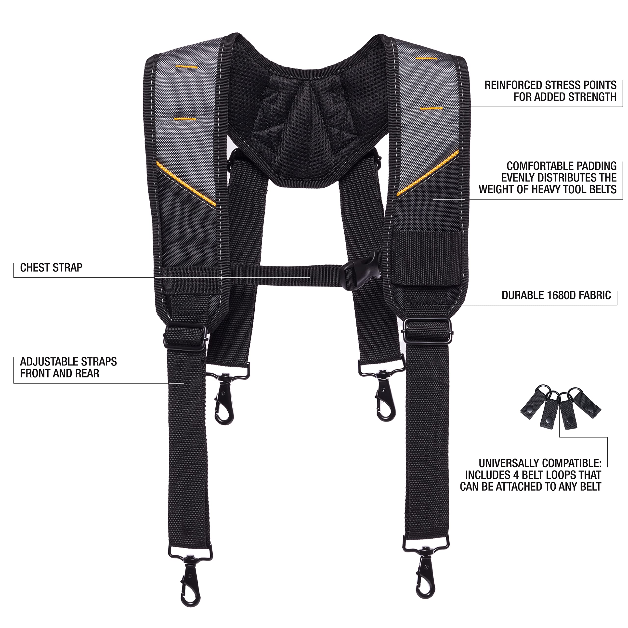 ToughBuilt ClipTech padding evenly distributes weight for reduced belt fatigue.